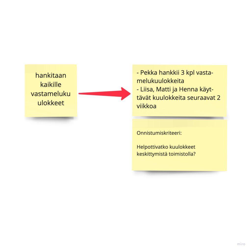 Esimerkki konkreettisista toimista. Mikäli paras idea on: "hankitaan kaikille vastamelukuulokkeet". Konkreettiset toimet voisivat olla, että Pekka hankkii 3 kpl vastamelukuulokkeita ja Liisa, Matti ja Henna käyttävät kuulokkeita seuraavat 2 viikkoa.
Onnistumiskriteeri voisi olla esim. Helpottivatko kuulokkeet keskittymistä toimistolla?